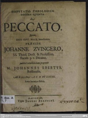 15: Disputatio theologica decima quinta de peccato