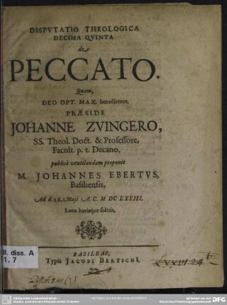 15: Disputatio theologica decima quinta de peccato
