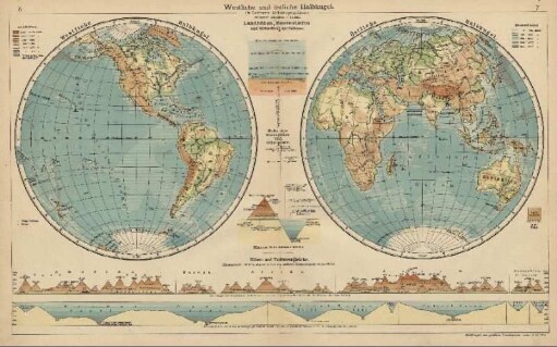 Westliche und östliche Halbkugel, Landhöhen, Meerestiefen und Verbreitung der Vulkane, Maße der Atmosphäre und Lithosphäre, Höhen- und Tiefenvergleiche
