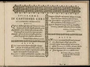 Epigramma In Cantiones Christophori Damantii Musici
