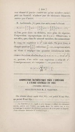 Composition mathématique pour l'admission a l'école centrale en 1883.