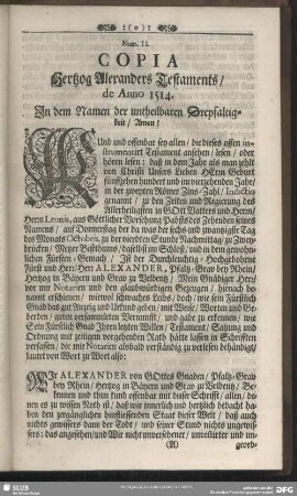 Num. II. Copia Hertzog Alexanders Testaments, de Anno 1514