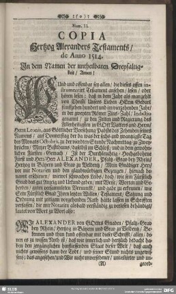 Num. II. Copia Hertzog Alexanders Testaments, de Anno 1514