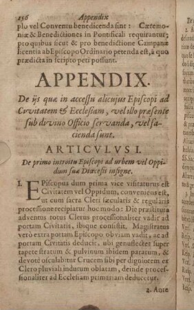 Articvlvs I. De primo introitu Episcopi ad urbem vel Oppidum suae Dioecesis insigne.