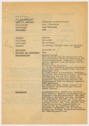 Hoftheater, Weimar: Schriftstück zum Fragebogen für das Handbuch »Das Deutsche Theater«, zwei Seiten