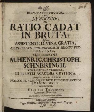 Disputatio Physica, De Quæstione: An Ratio Cadat In Bruta?