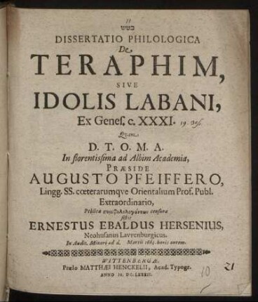 Dissertatio Philologica De Teraphim, Sive Idolis Labani, Ex. Gen. c. XXXI.