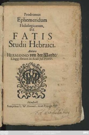 Prodromus Ephemeridum Philologicarum. De Fatis Studii Hebraici