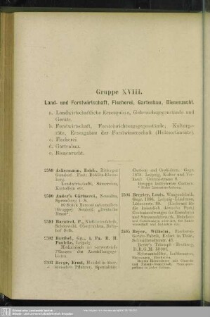 Gruppe XVIII. Land- Forstwirtschaft, Fischerei, Gartenbau, Bienenzucht