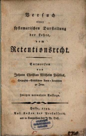 Versuch einer systematischen Darstellung der Lehre vom Retentionsrechte