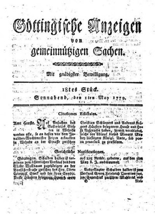 18tes Stück. Sonnabend, den 1ten May 1779.