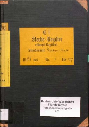 Sterberegister des Standesamtes Beckum-Stadt von 1928 (Urkunden-Nr. 1-127)