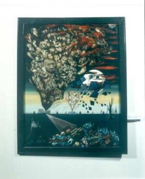 Unsere Seelen fliegen in den Himmel : Unsere Seelen fliegen in den Himmel. Öl auf Hartfaserplatte. 2001. Ausstellung: Volkmar Sebb. Malerei - Collagen - Installationen. Gedanken zu Auschwitz - In Gedenken P 20034 - Anlässlich des 60. Jahrestages der Befreiung des KZ Auschwitz. Dreikönigskirche Dresden: 20.01.2005-27.02.2005