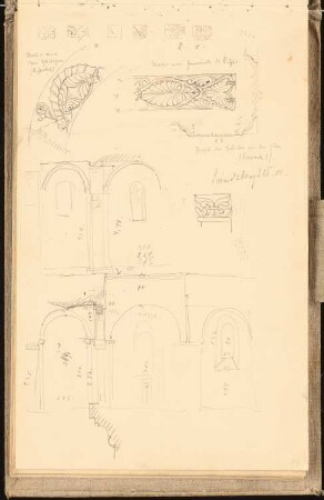 Skizzenbuch 1900-1901: Kapelle zum Heiligen Kreuz in Landsberg, Ornamente, Inneres, Ansichten, Schnitte
