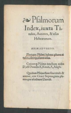 Psalmorum Index, iuxta Titulos, Autores, & usus Hebraeorum,