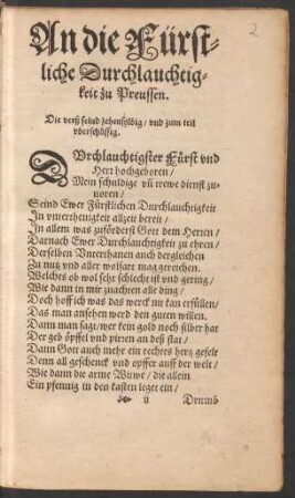 An die Fürstliche Durchlauchtigkeit zu Preussen.