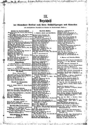 III. Verzeichniß der Einwohner Berlins nach ihren Beschäftigungen und Gewerben