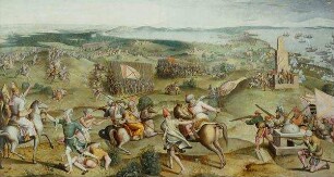 Erste Reitergefechte am Kap von Karthago und Aufbruch nach La Goletta (Der Kriegszug Kaiser Karls V. gegen Tunis 1535). Kopie nach den Kartons (3. Karton) für die Tapisserie-Serie für Karl V. (4. Teppich der "editio princeps" 1548-1554 von Wilhelm de Pannemaker)