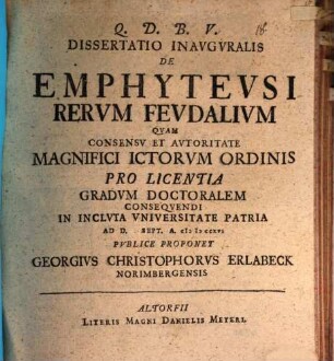 Diss. inaug. de emphyteusi rerum feudalium