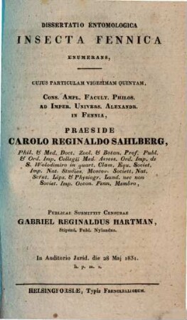 Dissertatio entomologica Insecta Fennica enumerans