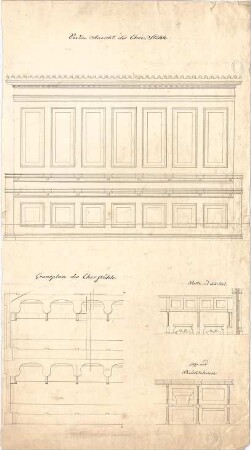 Voit, August von; Kirche - Chorstühle (Grundriss, Ansicht); Pulte u. Schemel, Sitze u. Rücklehnen (Ansichten)