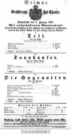 Tell; Tannhäuser; Hugenotten
