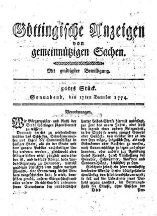 50tes Stück. Sonnabend, den 17ten November 1774.