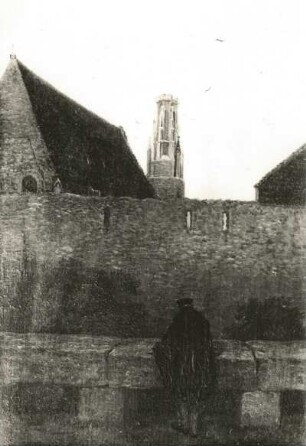 Mann an der Klostermauer : Abgewandter Mann an Stadtmauer. Gemälde (vor 1969; C. G. Carus)
