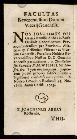 A5v-A5v, Facultas Reverendissimi Domini Vicarij Generalis.