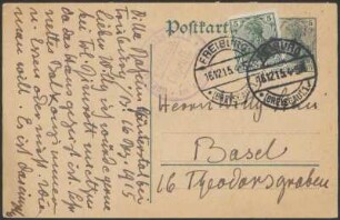 Postkarte von Dora Hitz an Wilhelm Stein