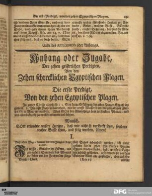 Anhang oder Zugabe, Der zehen geistreichen Predigten, Von den Zehen schrecklichen Egyptischen Plagen.