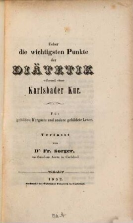 Ueber die wichtigsten Punkte der Diaetetik während einer Karlsbader Kur