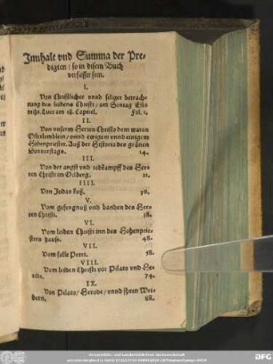 Innhalt und Summa der Predigten/ so in disem Buch verfasset sein.