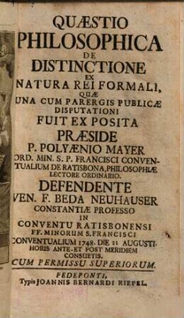 Quaestio Philosophica De Distinctione Ex Natura Rei Formali