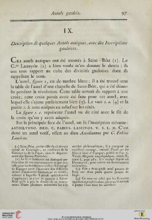 IX. Description de quelques Autels antiques, avec des Inscriptions gauloises