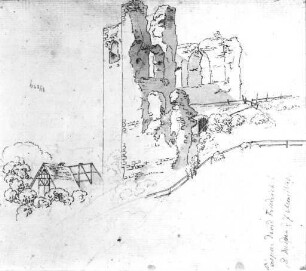 Die Ruine Tharandt, Häuser, Bäume mit dem Dach eines Bauernhauses