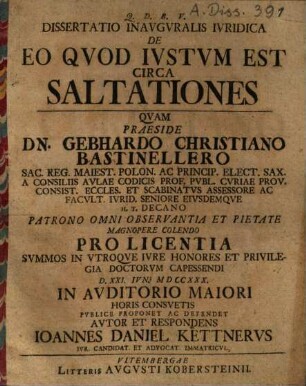 Dissertatio Inauguralis Iuridica De Eo Quod Iustum Est Circa Saltationes