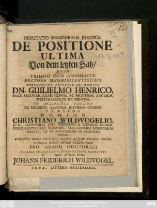 Disputatio Inauguralis Juridica De Positione Ultima