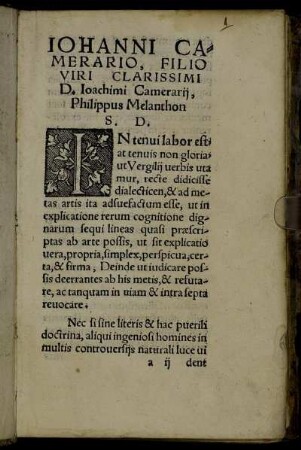Johanni Camerario, Filio Viri Clarissimi D. Ioachimi Camerarij, Philippus Melanthon S. D.