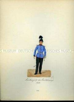 Uniformdarstellung, Assistenzarzt des Sanitäts-Korps, 1854. Aus: Sammelmappe "Sachsens Militär", Königliche Arsenalsammlung.