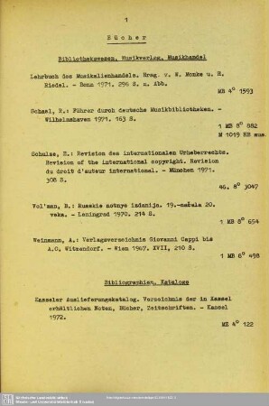 Bibliothekswesen, Musikverlag, Musikhandel