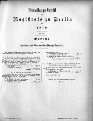 No. XXI. Bericht der Invaliden- und Veteranen-Unterstützungs-Deputation