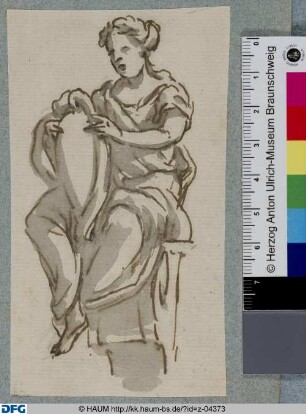 Auf einem Vorsprung sitzende weibliche Figur, einen Schild oder eine Kartusche haltend