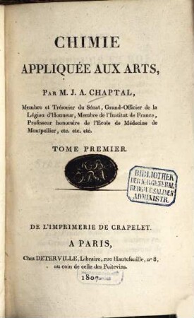 Chimie appliquée aux Arts, 1