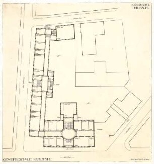 Billing, Hermann; Karlsruhe (Baden-Württemberg); Gewerbeschule - Lageplan, Grundriss EG