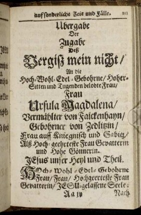 Ubergabe Der Zugabe Deß Vergiß mein nicht [...]