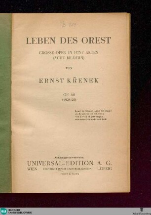 Leben des Orest : grosse Oper in fünf Akten (acht Bildern); Op. 60 (1928/29)