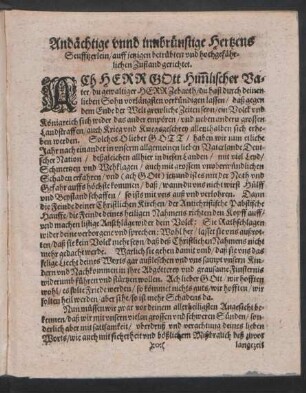 Andächtige unnd innbrünstige Hertzens Seufftzerlein/ auff jetzigen betrübten und hochgefährlichen Zustand gerichtet.