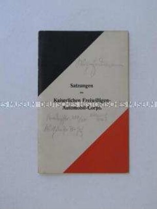 Satzung des Kaiserlichen Freiwilligen-Automobil-Corps (KFAC) mit handschriftlichen Notizen von Wilhelm Endemann - Personenkonvolut
