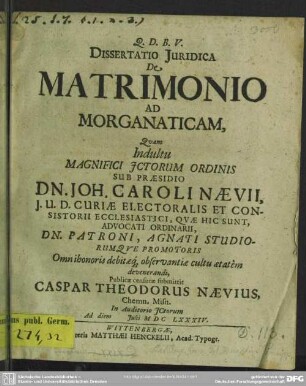 Dissertatio juridica de matrimonio ad morganaticam